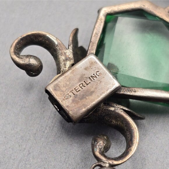 Art Nouveau Sterling Silver Demi-Parure Green Glass Floral Bracelet Earrings - Picture 12 of 16